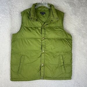 Lands End Puffer Vest Mens Large Green Goose‎ Down Nylon Snap Button Bubble